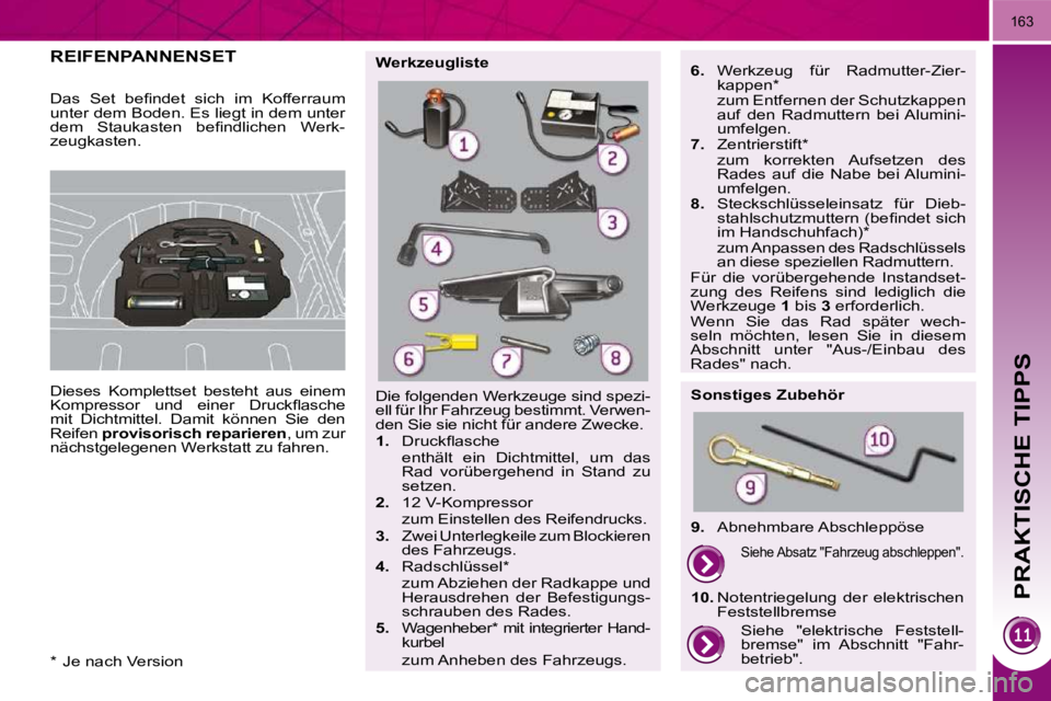 PEUGEOT 3008 2009.5.  Betriebsanleitungen (in German) PRAKTISCHE TIPPS
163
         REIFENPANNENSET 
            Dieses  Komplettset  besteht  aus  einem  
�K�o�m�p�r�e�s�s�o�r�  �u�n�d�  �e�i�n�e�r�  �D�r�u�c�k�ﬂ� �a�s�c�h�e� 
mit  Dichtmittel.  Damit