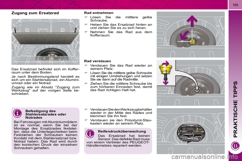 PEUGEOT 3008 2009.5.  Betriebsanleitungen (in German) PRAKTISCHE TIPPS
169
  Befestigung des  
Stahlersatzrades oder 
Notrades 
 Bei Fahrzeugen mit Aluminiumrädern 
ist  es  normal,  wenn  Sie  bei  der 
�M�o�n�t�a�g�e�  �d�e�s�  �E�r�s�a�t�z�r�a�d�e�s�