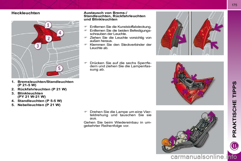 PEUGEOT 3008 2009.5.  Betriebsanleitungen (in German) PRAKTISCHE TIPPS
175
                                 Heckleuchten 
   
1.     Bremsleuchten/Standleuchten  
(P 21-5 W)   
  
2.     Rückfahrleuchten (P 21 W)   
  
3.     Blinkleuchten 
(PY 21 W-21 