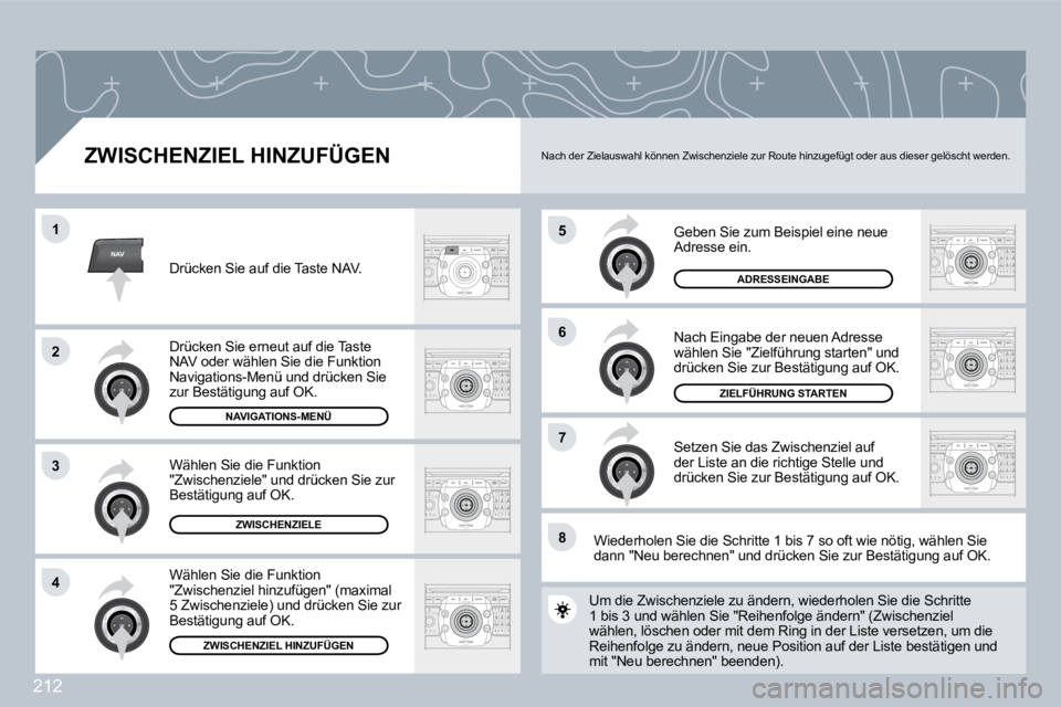 PEUGEOT 3008 2009.5. Betriebsanleitungen (in German) 212
NAV
5
6
7
1
2
3
4
8
ZWISCHENZIEL HINZUFÜGEN
Geben Sie zum Beispiel eine neue Adresse ein.
Nach Eingabe der neuen Adresse wählen Sie "Zielführung starten" und drücken Sie zur Bestätigung PEUGEOT 3008 2009.5. Betriebsanleitungen (in German) 212
NAV
5
6
7
1
2
3
4
8
ZWISCHENZIEL HINZUFÜGEN
Geben Sie zum Beispiel eine neue Adresse ein.
Nach Eingabe der neuen Adresse wählen Sie "Zielführung starten" und drücken Sie zur Bestätigung