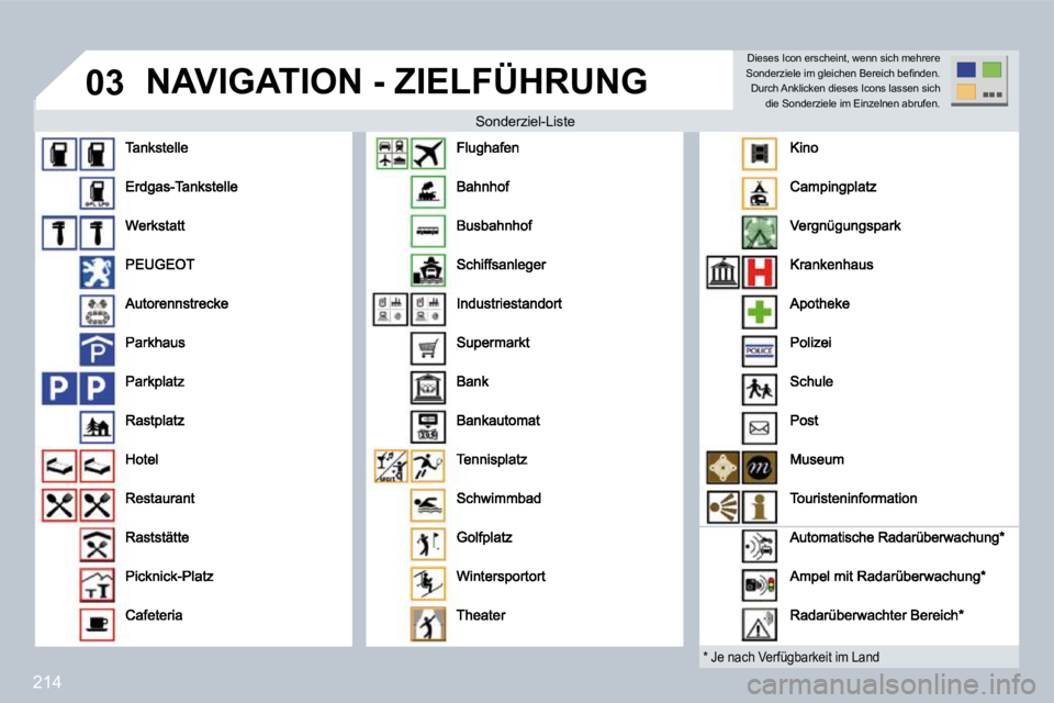 PEUGEOT 3008 2009.5.  Betriebsanleitungen (in German) 214
03 NAVIGATION - ZIELFÜHRUNG 
  Sonderziel-Liste nderziel-Liste 
  *   Je nach Verfügbarkeit im Land  
 Dieses Icon erscheint, wenn sich mehrere �S�o�n�d�e�r�z�i�e�l�e� �i�m� �g�l�e�i�c�h�e�n� �B