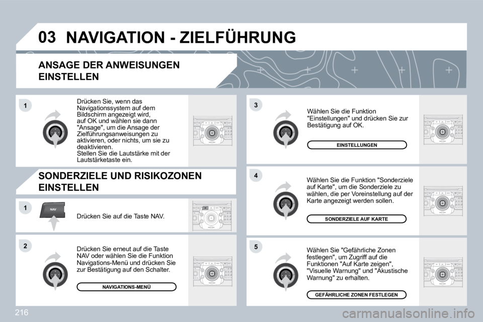 PEUGEOT 3008 2009.5.  Betriebsanleitungen (in German) 216
03
5
3
4
NAV1
2
1
  ANSAGE DER ANWEISUNGEN 
EINSTELLEN 
 Wählen Sie "Gefährliche Zonen festlegen", um Zugriff auf die Funktionen "Auf Karte zeigen", "Visuelle Warnung" und "Akustische Warnung" z