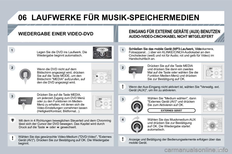 PEUGEOT 3008 2009.5.  Betriebsanleitungen (in German) 221
2
ABC 3
DEF
5
JKL
4
GHI 6
MNO
8
TUV
7
PQRS 9
WXYZ
0
* #
1
RADIO MEDIA
NAV ESC TRAFFIC
SETUP
ADDR BOOK1
3
4
06
22
3
MEDIA
1
MEDIA
Videokamera, Fotoapparat…) über ein KLINKE/CINCH-Audiokabel anbe