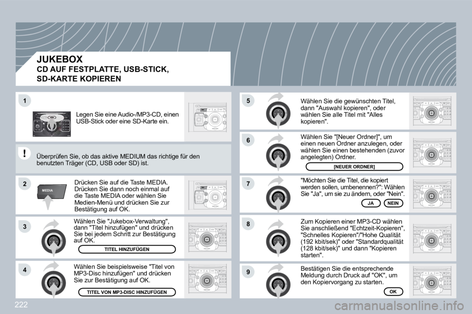 PEUGEOT 3008 2009.5.  Betriebsanleitungen (in German) 222
2
ABC 3
DEF
5
JKL
4
GHI 6
MNO
8
TUV
7
PQRS 9
WXYZ
0
* #
1
RADIO MEDIA
NAV ESC TRAFFIC
SETUP
ADDR BOOK
1
2
3
4
5
6
7
8
9
MEDIA
 Wählen Sie "Jukebox-Verwaltung", dann "Titel hinzufügen" und drück