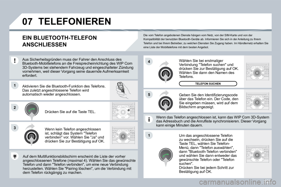 PEUGEOT 3008 2009.5.  Betriebsanleitungen (in German) 225
07
1
3
5
4
2
1
 Die vom Telefon angebotenen Dienste hängen vom Netz, von der SIM-Karte und von der Kompatibilität der benutzten Bluetooth-Geräte ab. Informieren Sie sich in der Anleitung zu Ihr