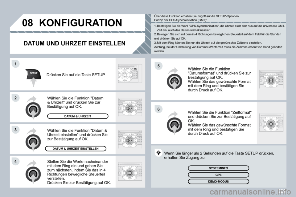 PEUGEOT 3008 2009.5.  Betriebsanleitungen (in German) 229
5
6
SETUP
1
2
3
4
08KONFIGURATION 
  DATUM UND UHRZEIT EINSTELLEN 
 Stellen Sie die Werte nacheinander mit dem Ring ein und gehen Sie zum nächsten, indem Sie das in 4 Richtungen bewegliche Steuer