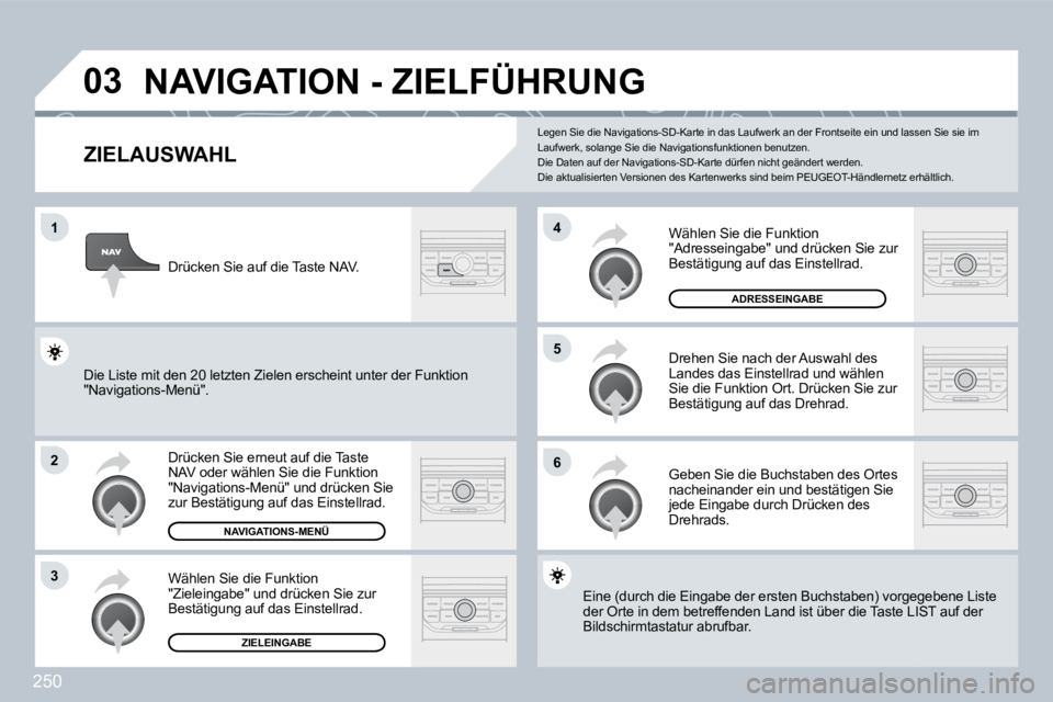 PEUGEOT 3008 2009.5. Betriebsanleitungen (in German) 250
03
1
2
3
6
5
4
NAVIGATION - ZIELFÜHRUNG
ZIELAUSWAHL
Drücken Sie erneut auf die Taste NAV oder wählen Sie die Funktion "Navigations-Menü" und drücken Sie zur Bestätigung auf das Einstell PEUGEOT 3008 2009.5. Betriebsanleitungen (in German) 250
03
1
2
3
6
5
4
NAVIGATION - ZIELFÜHRUNG
ZIELAUSWAHL
Drücken Sie erneut auf die Taste NAV oder wählen Sie die Funktion "Navigations-Menü" und drücken Sie zur Bestätigung auf das Einstell