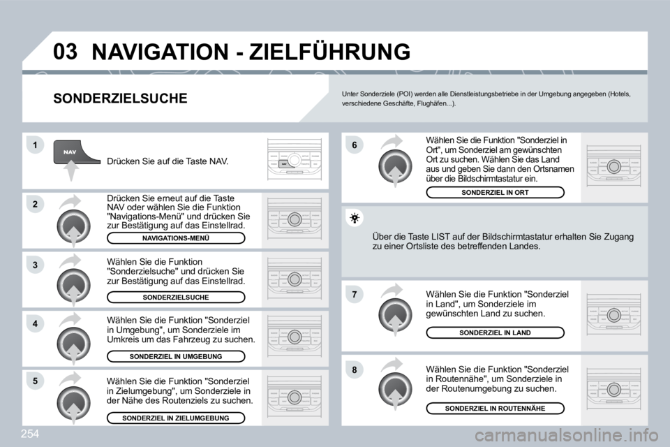 PEUGEOT 3008 2009.5. Betriebsanleitungen (in German) 254
03
1
2
3
4
7
85
6
NAVIGATION - ZIELFÜHRUNG
SONDERZIELSUCHE
Drücken Sie auf die Taste NAV.
Drücken Sie erneut auf die Taste NAV oder wählen Sie die Funktion "Navigations-Menü" und drü PEUGEOT 3008 2009.5. Betriebsanleitungen (in German) 254
03
1
2
3
4
7
85
6
NAVIGATION - ZIELFÜHRUNG
SONDERZIELSUCHE
Drücken Sie auf die Taste NAV.
Drücken Sie erneut auf die Taste NAV oder wählen Sie die Funktion "Navigations-Menü" und drü