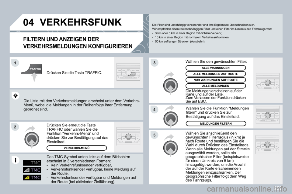 PEUGEOT 3008 2009.5.  Betriebsanleitungen (in German) 257
04
1
2
5
4
3
VERKEHRSFUNK 
  FlLTERN UND ANZEIGEN DER 
VERKEHRSMELDUNGEN KONFIGURIEREN
Wählen Sie anschließend den gewünschten Filterradius (in km) je nach Route und bestätigen Sie die Wahl du