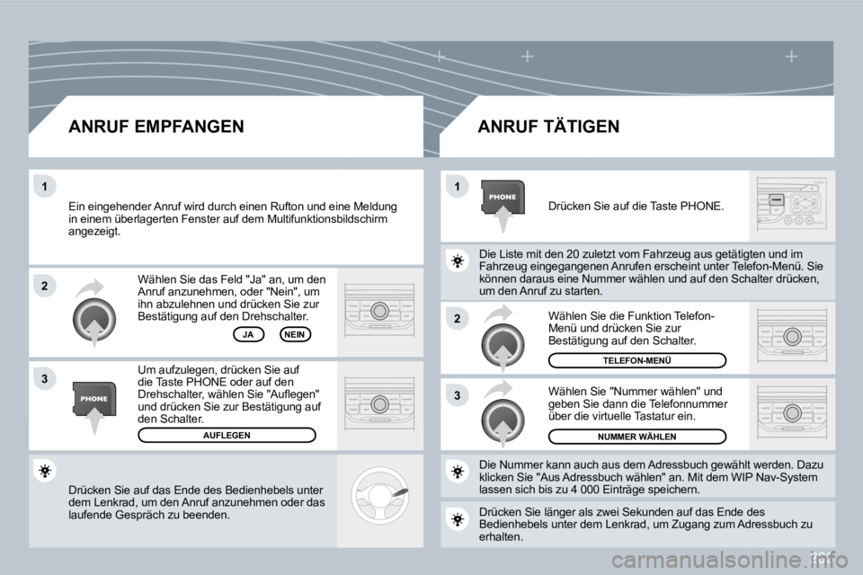 PEUGEOT 3008 2009.5. Betriebsanleitungen (in German) 263
2
3
11
2
3
Drücken Sie auf das Ende des Bedienhebels unter dem Lenkrad, um den Anruf anzunehmen oder das laufende Gespräch zu beenden.
Wählen Sie das Feld "Ja" an, um den Anruf anzunehmen, PEUGEOT 3008 2009.5. Betriebsanleitungen (in German) 263
2
3
11
2
3
Drücken Sie auf das Ende des Bedienhebels unter dem Lenkrad, um den Anruf anzunehmen oder das laufende Gespräch zu beenden.
Wählen Sie das Feld "Ja" an, um den Anruf anzunehmen,