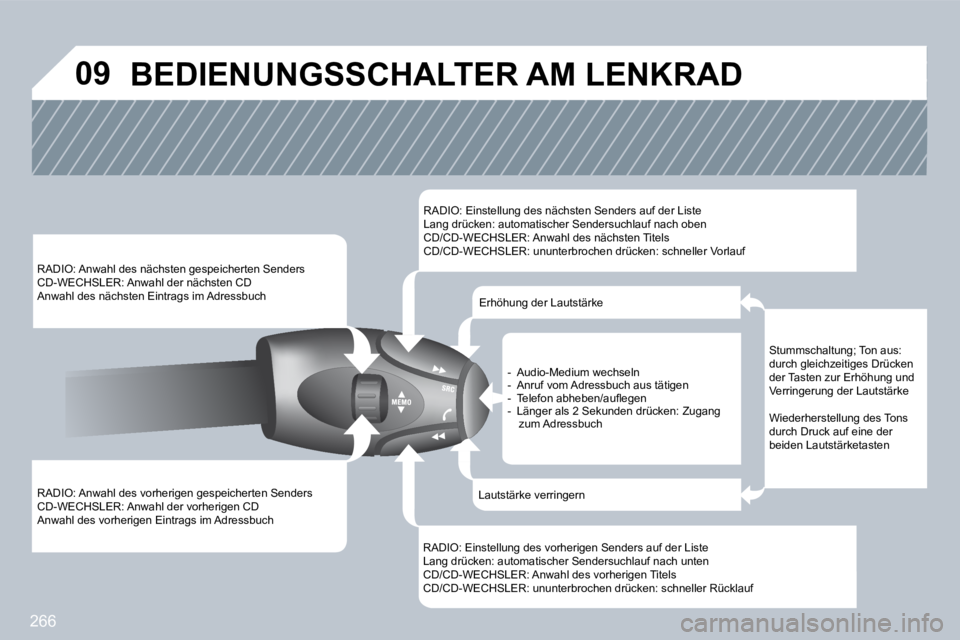 PEUGEOT 3008 2009.5.  Betriebsanleitungen (in German) 266
09
  RADIO: Anwahl des vorherigen gespeicherten Senders  CD-WECHSLER: Anwahl der vorherigen CD  Anwahl des vorherigen Eintrags im Adressbuch  
  RADIO: Anwahl des nächsten gespeicherten Senders  