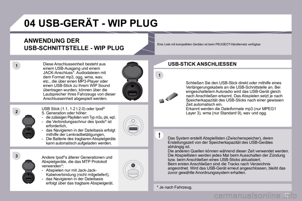 PEUGEOT 3008 2009.5.  Betriebsanleitungen (in German) 281
�1�1
�0�4
�1�1
�2�2
�3�3
�U�S�B�-�G�E�R�Ä�T� �-� �W�I�P� �P�L�U�G� 
  Das System erstellt Abspiellisten (Zwischenspeicher), deren Erstellungszeit von der Speicherkapazität des USB-G erätes abh