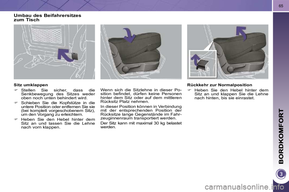 PEUGEOT 3008 2009.5.  Betriebsanleitungen (in German) 65
  Sitz umklappen  
   
�    Stellen  Sie  sicher,  dass  die 
Senkbewegung  des  Sitzes  weder  
oben noch unten behindert wird. 
  
�    Schieben  Sie  die  Kopfstütze  in  die 
untere Posi