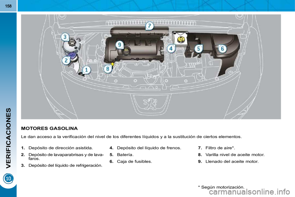 PEUGEOT 3008 2009.5.  Manual del propietario (in Spanish) VERIFICACIONES
           MOTORES GASOLINA 
� �L�e� �d�a�n� �a�c�c�e�s�o� �a� �l�a� �v�e�r�i�ﬁ� �c�a�c�i�ó�n� �d�e�l� �n�i�v�e�l� �d�e� �l�o�s� �d�i�f�e�r�e�n�t�e�s� �l�í�q�u�i�d�o�s� �y� �a� �l�a
