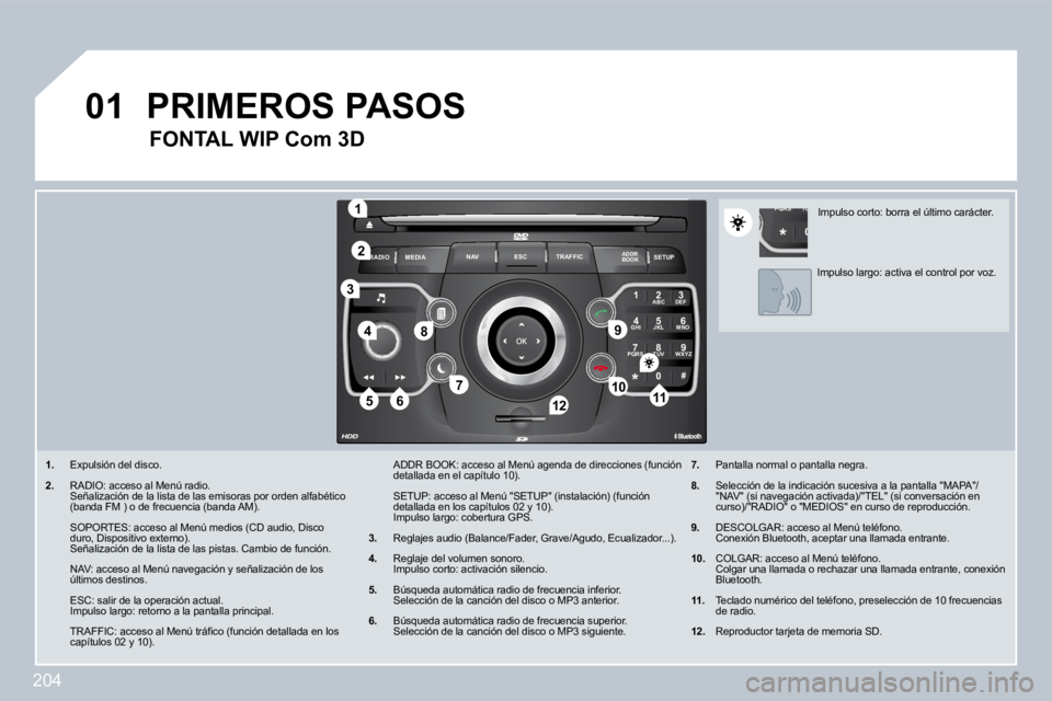 PEUGEOT 3008 2009.5.  Manual del propietario (in Spanish) 204
01
2
ABC 3
DEF
5
JKL
4
GHI 6
MNO
8
TUV
7
PQRS 9
WXYZ
0
* #
1
RADIO MEDIA
NAV ESC TRAFFIC
SETUP
ADDR BOOK
1
10
2
3
4
612
9
�7
8
115
TU
PQRS
0
*
1.   Expulsión del disco. 
2.   RADIO: acceso al Men
