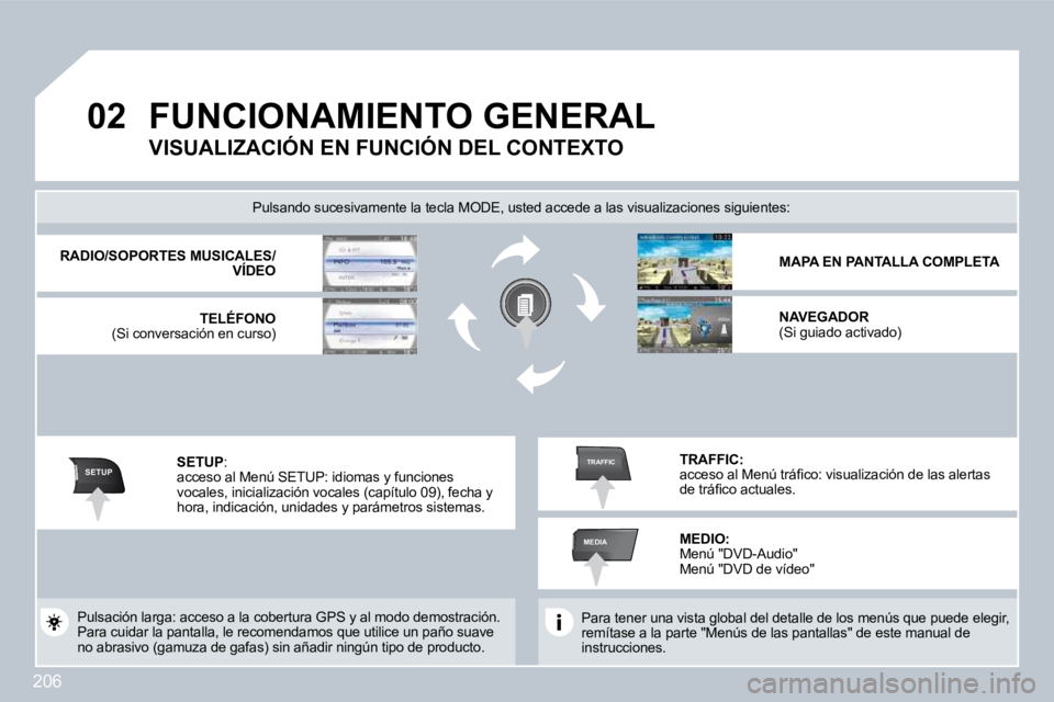 PEUGEOT 3008 2009.5.  Manual del propietario (in Spanish) 206
02
SETUP
MEDIA
TRAFFIC
       FUNCIONAMIENTO GENERAL  
 Para tener una vista global del detalle de los menús que puede elegir, remítase a la parte "Menús de las pantallas" de est e manual de in