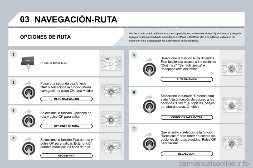 PEUGEOT 3008 2009.5.  Manual del propietario (in Spanish) 211
NAV
03
5
6
�7
1
2
3
4
 NAVEGACIÓN-RUTA 
  OPCIONES DE RUTA 
 Seleccione la función Ruta dinámica.  Esta función da acceso a las opciones "Dinámica", "Semi-dinámica" e �"�I�n�d�e�p�e�n�d�