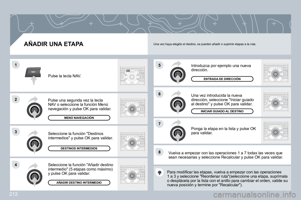 PEUGEOT 3008 2009.5.  Manual del propietario (in Spanish) 212
NAV
5
6
�7
1
2
3
4
8
  AÑADIR UNA ETAPA 
 Introduzca por ejemplo una nueva dirección. 
 Una vez introducida la nueva dirección, seleccione "Iniciar guiado al destino" y pulse OK para validar. 

