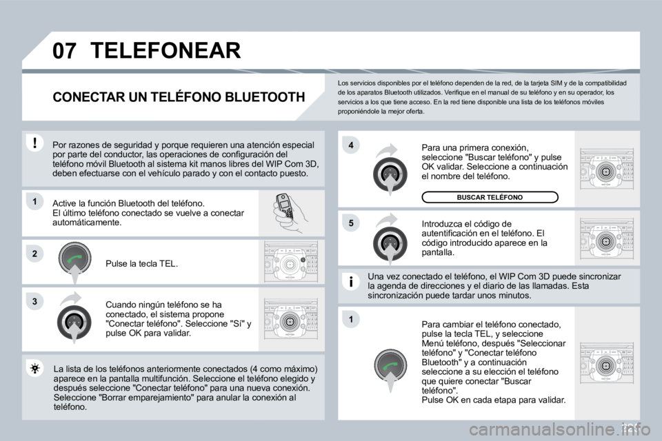 PEUGEOT 3008 2009.5.  Manual del propietario (in Spanish) 225
�0�7
1
3
5
4
2
1
 Los servicios disponibles por el teléfono dependen de la red, de la tarjeta SIM y de la compatibilidad �d�e� �l�o�s� �a�p�a�r�a�t�o�s� �B�l�u�e�t�o�o�t�h� �u�t�i�l�i�z�a�d�o�s�.