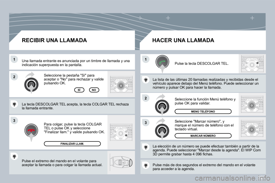 PEUGEOT 3008 2009.5. Manual del propietario (in Spanish) 227
3
11
2
3
2
Pulse el extremo del mando en el volante para aceptar la llamada o para colgar la llamada actual.
Seleccione la pestaña "Sí" para aceptar o "No" para rechazar y valide pulsando OK PEUGEOT 3008 2009.5. Manual del propietario (in Spanish) 227
3
11
2
3
2
Pulse el extremo del mando en el volante para aceptar la llamada o para colgar la llamada actual.
Seleccione la pestaña "Sí" para aceptar o "No" para rechazar y valide pulsando OK