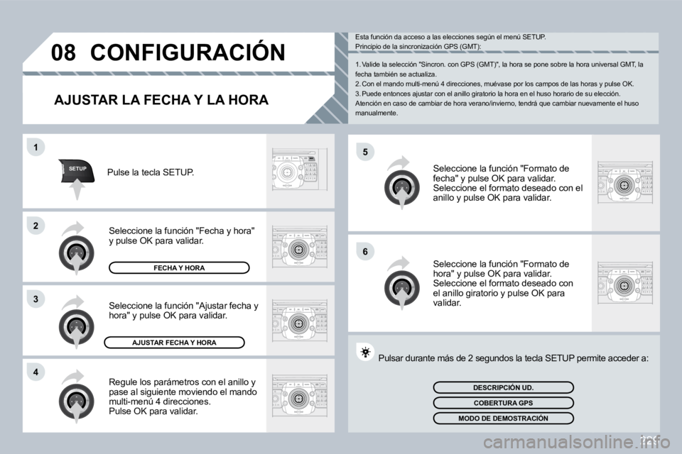 PEUGEOT 3008 2009.5. Manual del propietario (in Spanish) 229
5
6
SETUP
1
2
3
4
08 CONFIGURACIÓN
AJUSTAR LA FECHA Y LA HORA
Regule los parámetros con el anillo y pase al siguiente moviendo el mando multi-menú 4 direcciones. Pulse OK para v PEUGEOT 3008 2009.5. Manual del propietario (in Spanish) 229
5
6
SETUP
1
2
3
4
08 CONFIGURACIÓN
AJUSTAR LA FECHA Y LA HORA
Regule los parámetros con el anillo y pase al siguiente moviendo el mando multi-menú 4 direcciones. Pulse OK para v