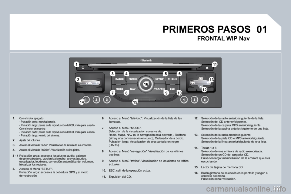 PEUGEOT 3008 2009.5.  Manual del propietario (in Spanish) 247
01
1
5
10
2
346
13
11
9
1415
�7812
16
1.   Con el motor apagado    - Pulsación corta: marcha/parada.    -  Pulsación larga: pausa en la reproducción del CD, mute para la radio.    Con el motor 