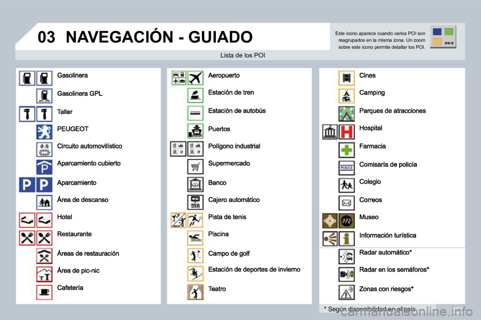 PEUGEOT 3008 2009.5.  Manual del propietario (in Spanish) 255
03 NAVEGACIÓN - GUIADO 
  Lista de los POI ista de los POI 
  *   Según disponibilidad en el país    *   Según disponibilidad en el país  
 Este icono aparece cuando varios POI son reagrupado