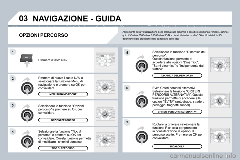 PEUGEOT 3008 2009.5.  Manuale duso (in Italian) �2�1�1
NAV
03
5
�6
�7
1
2
3
4
 NAVIGAZIONE - GUIDA 
  OPZIONI PERCORSO 
 Selezionare la funzione "Dinamica del percorso".  Questa funzione permette di accedere alle opzioni "Dinamico", "Semi-dinamico"