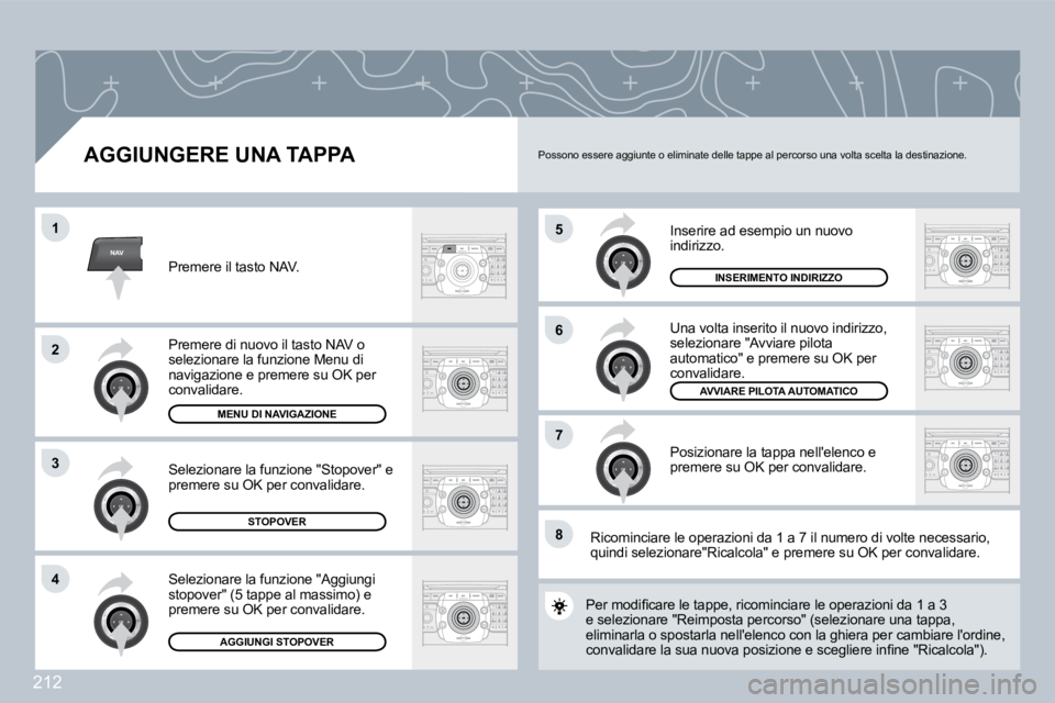 PEUGEOT 3008 2009.5.  Manuale duso (in Italian) �2�1�2
NAV
5
�6
�7
1
2
3
4
8
  AGGIUNGERE UNA TAPPA 
 Inserire ad esempio un nuovo indirizzo. 
 Una volta inserito il nuovo indirizzo, selezionare "Avviare pilota automatico" e premere su OK per conva