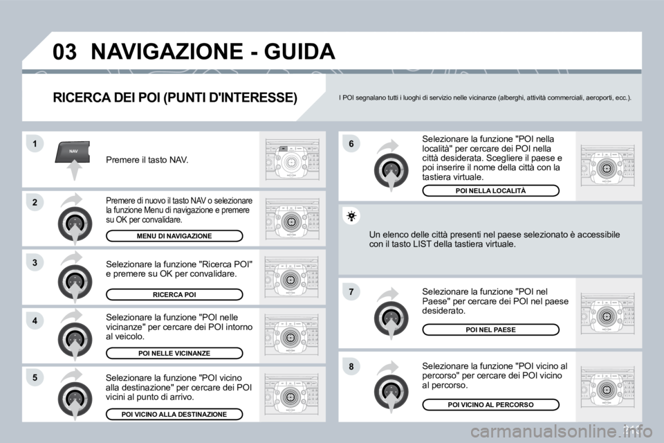 PEUGEOT 3008 2009.5.  Manuale duso (in Italian) �2�1�3
NAV
03
1
2
3
4
�7
85
�6
 NAVIGAZIONE - GUIDA 
  RICERCA DEI POI (PUNTI DINTERESSE) 
 Premere il tasto NAV. 
 Premere di nuovo il tasto NAV o selezionare la funzione Menu di navigazione e preme
