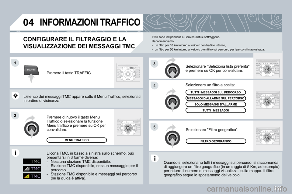 PEUGEOT 3008 2009.5.  Manuale duso (in Italian) �2�1�7
TRAFFIC
04
1
2
4
5
3
INFORMAZIONI TRAFFICO 
  CONFIGURARE IL FILTRAGGIO E LA 
VISUALIZZAZIONE DEI MESSAGGI TMC VISUALIZZAZIONE DEI MESSAGGI TMC 
 Quando si selezionano tutti i messaggi sul perc