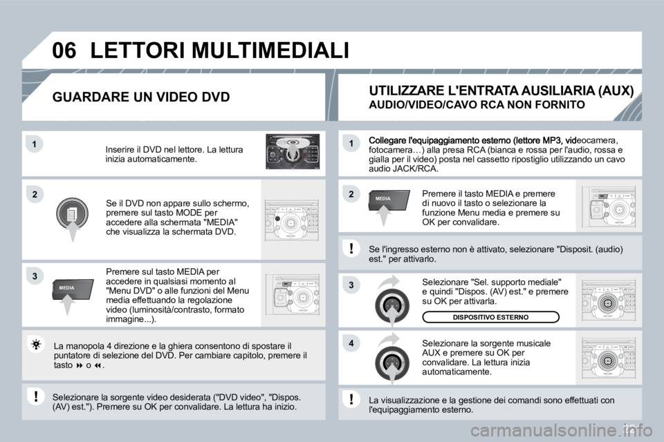 PEUGEOT 3008 2009.5.  Manuale duso (in Italian) �2�2�1
2
ABC 3
DEF
5
JKL
4
GHI 6
MNO
8
TUV
7
PQRS 9
WXYZ
0
* #
1
RADIO MEDIA
NAV ESC TRAFFIC
SETUP
ADDR BOOK1
3
4
�0�6
22
3
MEDIA
1
MEDIA
, videocamera, fotocamera…) alla presa RCA (bianca e rossa p