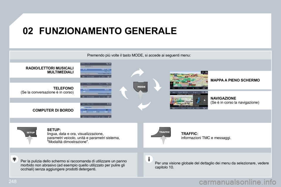 PEUGEOT 3008 2009.5.  Manuale duso (in Italian) 248
02FUNZIONAMENTO GENERALE 
 Per una visione globale del dettaglio dei menu da selezionare, vedere capitolo 10.  
  Premendo più volte il tasto MODE, si accede ai se guenti menu: 
 Per la pulizia d