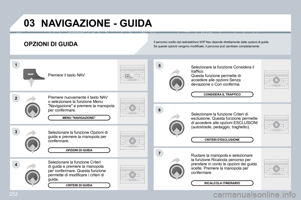 PEUGEOT 3008 2009.5.  Manuale duso (in Italian) 252
03
5
6
�7
1
2
3
4
 NAVIGAZIONE - GUIDA 
  OPZIONI DI GUIDA 
 Selezionare la funzione Considera il �t�r�a�f�ﬁ� �c�o�.� �  Questa funzione permette di accedere alle opzioni Senza deviazione o Con 