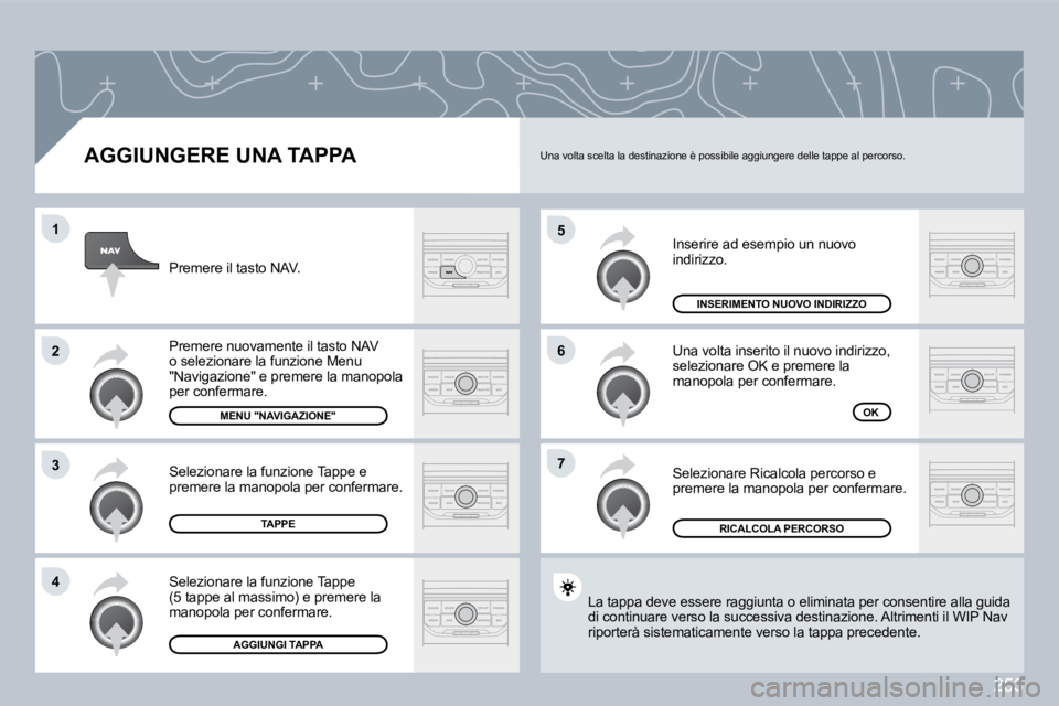 PEUGEOT 3008 2009.5.  Manuale duso (in Italian) 253
5
6
�7
1
2
3
4
  AGGIUNGERE UNA TAPPA 
 Inserire ad esempio un nuovo indirizzo. 
 Una volta inserito il nuovo indirizzo, selezionare OK e premere la manopola per confermare. 
 Selezionare Ricalcol