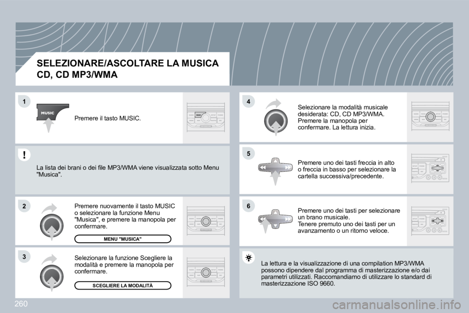 PEUGEOT 3008 2009.5.  Manuale duso (in Italian) 260
1
2
3
5
4
6
SELEZIONARE/ASCOLTARE LA MUSICA  
CD, CD MP3/WMA 
 La lettura e la visualizzazione di una compilation MP3/WMP3/WMA possono dipendere dal programma di masterizzazione zione e/o dai para