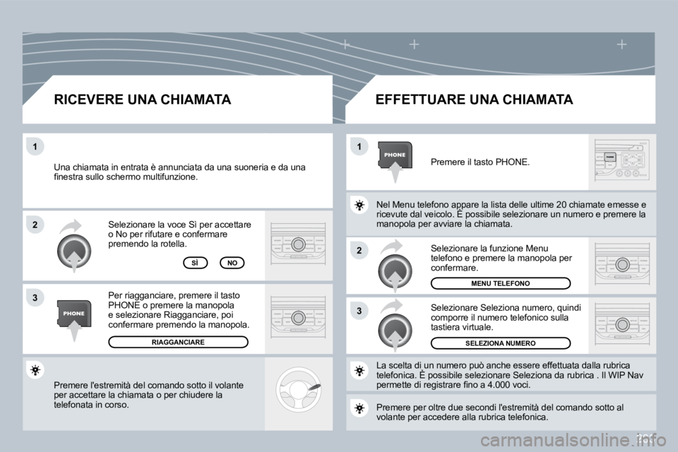 PEUGEOT 3008 2009.5.  Manuale duso (in Italian) 263
2
3
11
2
3
 Premere lestremità del comando sotto il volante per accettare la chiamata o per chiudere la telefonata in corso.  
 Selezionare la voce Sì per accettare o No per rifutare e conferma