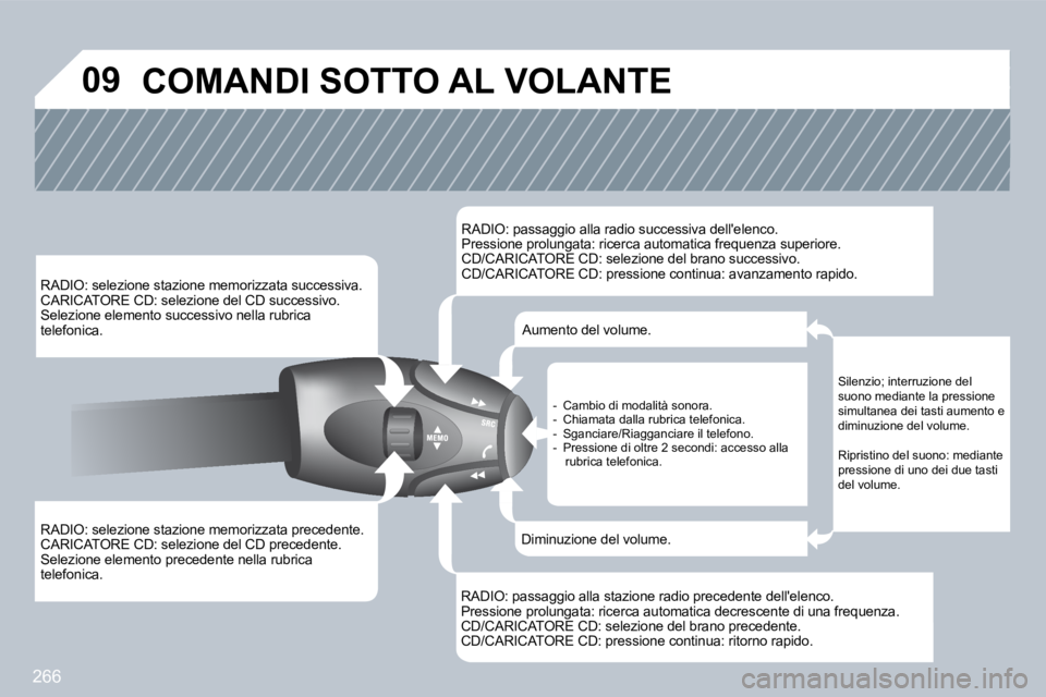 PEUGEOT 3008 2009.5.  Manuale duso (in Italian) 266
�0�9
  RADIO: selezione stazione memorizzata precedente.  CARICATORE CD: selezione del CD precedente.  Selezione elemento precedente nella rubrica telefonica.  
  RADIO: selezione stazione memoriz