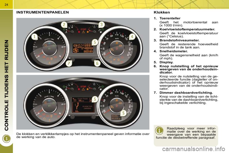PEUGEOT 3008 2009.5. Instructieboekje (in Dutch) 24
INSTRUMENTENPANELEN
De klokken en verklikkerlampjes op het instrumentenpaneel geven informatie over
de werking van de auto.
Klokken
1. Toerenteller
Geeft het mo PEUGEOT 3008 2009.5. Instructieboekje (in Dutch) 24
INSTRUMENTENPANELEN
De klokken en verklikkerlampjes op het instrumentenpaneel geven informatie over
de werking van de auto.
Klokken
1. Toerenteller
Geeft het mo