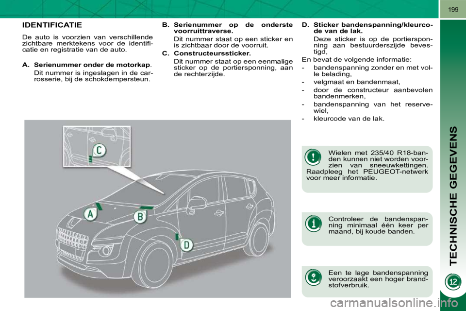 PEUGEOT 3008 2009.5.  Instructieboekje (in Dutch) TECHNISCHE GEGEVENS
199
                   IDENTIFICATIE 
 De  auto  is  voorzien  van  verschillende  
�z�i�c�h�t�b�a�r�e�  �m�e�r�k�t�e�k�e�n�s�  �v�o�o�r�  �d�e�  �i�d�e�n�t�i�ﬁ� �-
catie en regi