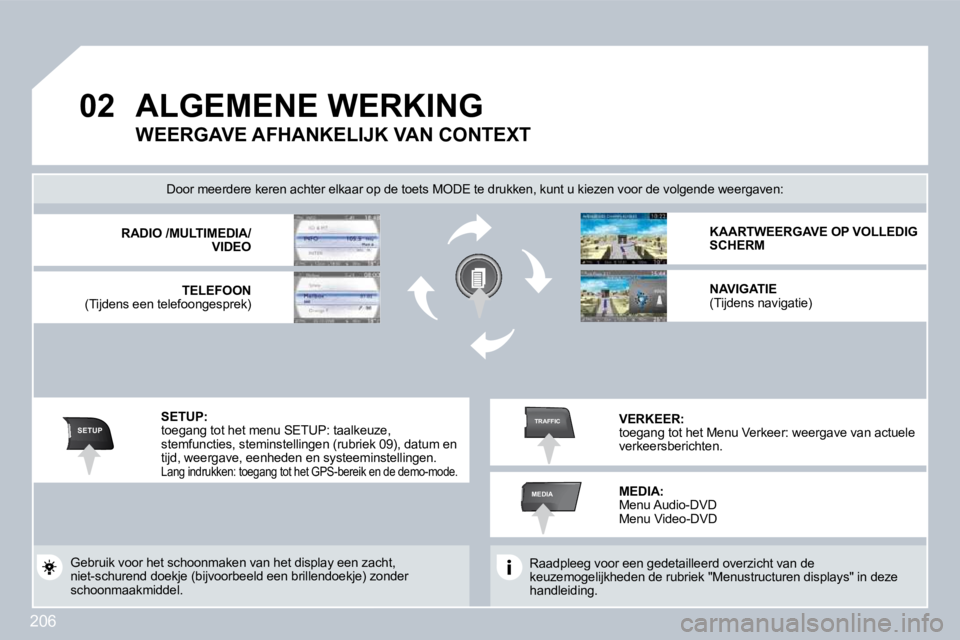 PEUGEOT 3008 2009.5.  Instructieboekje (in Dutch) 206
02
SETUP
MEDIA
TRAFFIC
       ALGEMENE WERKING  
 Raadpleeg voor een gedetailleerd overzicht van de keuzemogelijkheden de rubriek "Menustructuren displays" in deze handleiding.  
  Door meerdere k