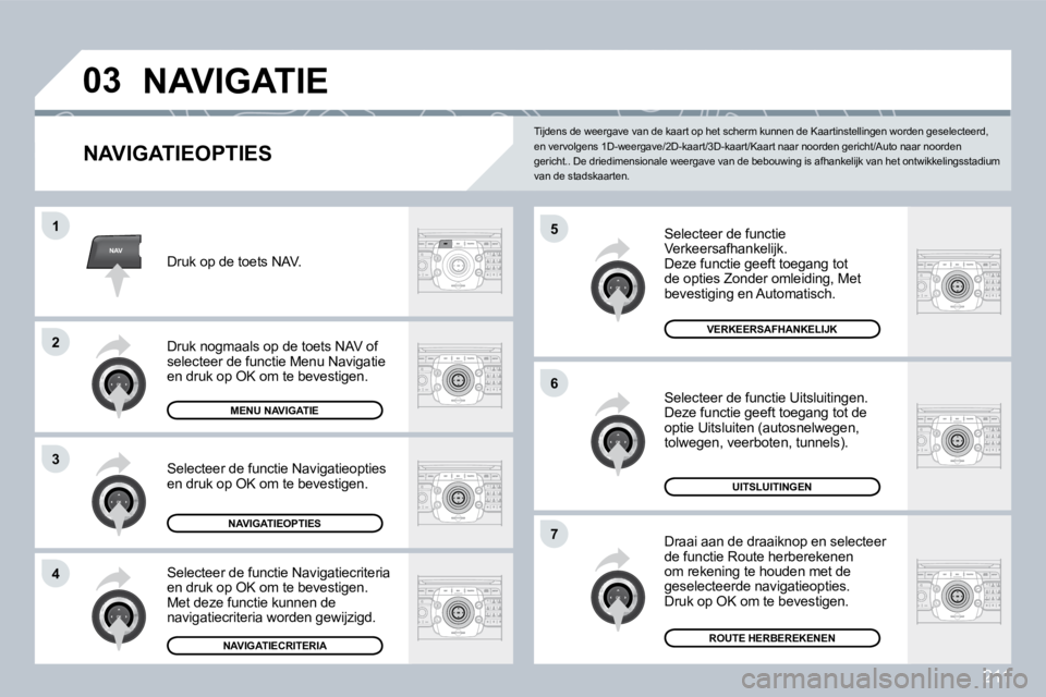 PEUGEOT 3008 2009.5. Instructieboekje (in Dutch) 211
NAV
03
5
6
7
1
2
3
4
NAVIGATIE
NAVIGATIEOPTIES
Selecteer de functie Verkeersafhankelijk. Deze functie geeft toegang tot de opties Zonder omleiding, Met bevestiging en Automatisch.
Selecte PEUGEOT 3008 2009.5. Instructieboekje (in Dutch) 211
NAV
03
5
6
7
1
2
3
4
NAVIGATIE
NAVIGATIEOPTIES
Selecteer de functie Verkeersafhankelijk. Deze functie geeft toegang tot de opties Zonder omleiding, Met bevestiging en Automatisch.
Selecte