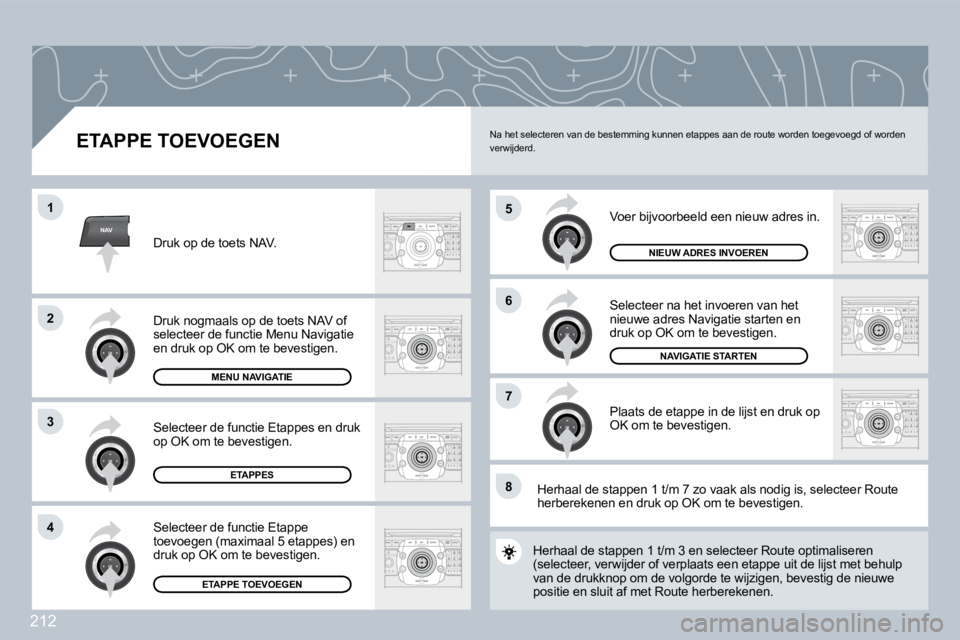 PEUGEOT 3008 2009.5. Instructieboekje (in Dutch) 212
NAV
5
6
7
1
2
3
4
8
ETAPPE TOEVOEGEN
Voer bijvoorbeeld een nieuw adres in.
Selecteer na het invoeren van het nieuwe adres Navigatie starten en druk op OK om te bevestigen.
Plaats de etappe PEUGEOT 3008 2009.5. Instructieboekje (in Dutch) 212
NAV
5
6
7
1
2
3
4
8
ETAPPE TOEVOEGEN
Voer bijvoorbeeld een nieuw adres in.
Selecteer na het invoeren van het nieuwe adres Navigatie starten en druk op OK om te bevestigen.
Plaats de etappe