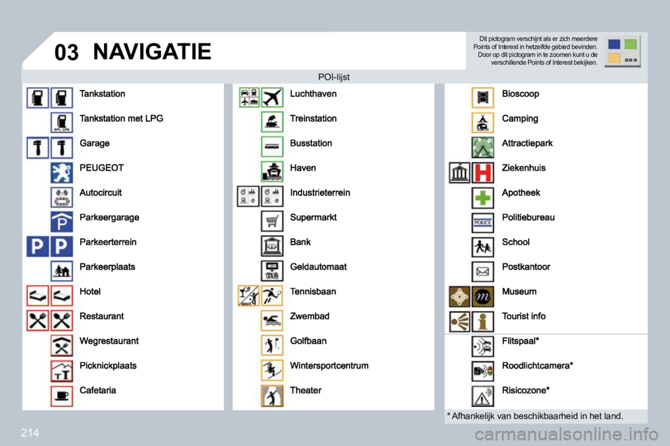 PEUGEOT 3008 2009.5. Instructieboekje (in Dutch) 214
03 NAVIGATIE
POI-lijst POI-lijst
* Afhankelijk van beschikbaarheid in het land.
Dit pictogram verschijnt als er zich meerdere Points of Interest in hetzelfde gebied bevinden. Door op PEUGEOT 3008 2009.5. Instructieboekje (in Dutch) 214
03 NAVIGATIE
POI-lijst POI-lijst
* Afhankelijk van beschikbaarheid in het land.
Dit pictogram verschijnt als er zich meerdere Points of Interest in hetzelfde gebied bevinden. Door op