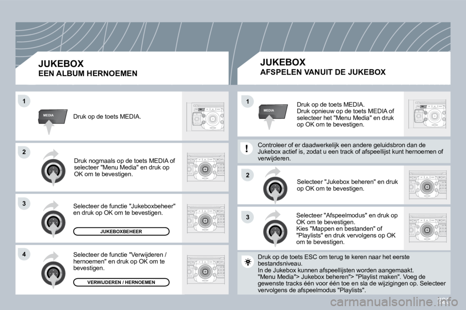 PEUGEOT 3008 2009.5.  Instructieboekje (in Dutch) 223
33
22
MEDIA
22
33
44
11
MEDIA11 Druk op de toets MEDIA.  Druk opnieuw op de toets MEDIA of selecteer het "Menu Media" en druk op OK om te bevestigen. 
 Selecteer "Jukebox beheren" en druk op OK om