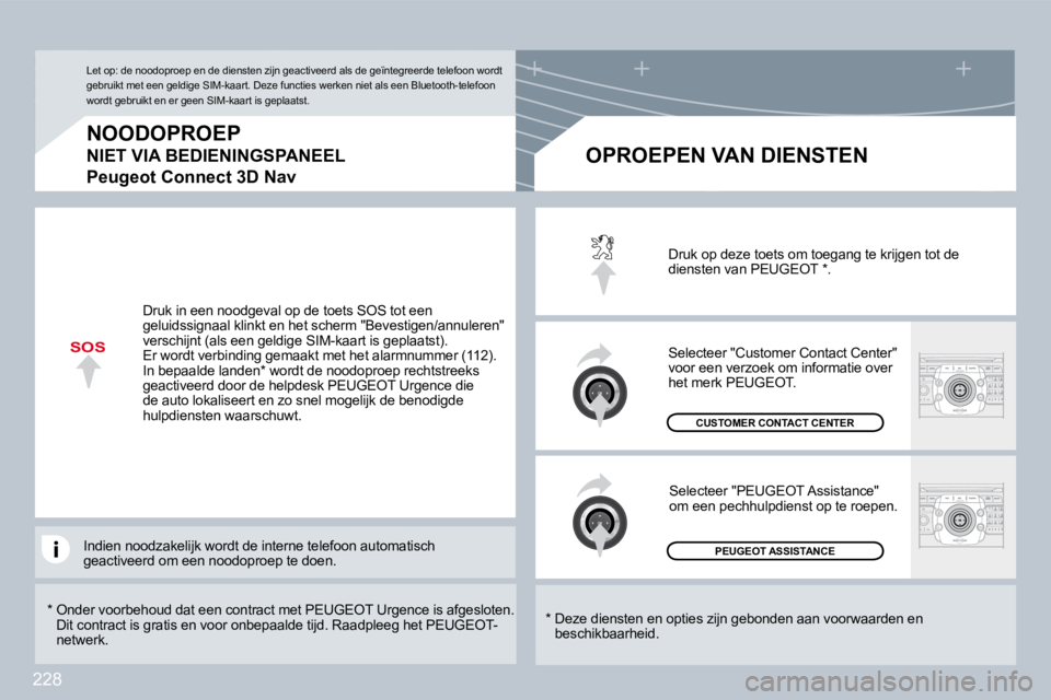 PEUGEOT 3008 2009.5.  Instructieboekje (in Dutch) 228
SOS
  *    Onder voorbehoud dat een contract met PEUGEOT Urgence is afgesloten. Dit contract is gratis en voor onbepaalde tijd. Raadpleeg het PEUGEOT-netwerk.  
  NOODOPROEP  
NIET VIA BEDIENINGSP