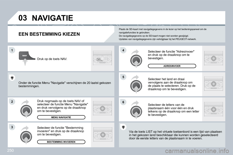 PEUGEOT 3008 2009.5.  Instructieboekje (in Dutch) 250
03
1
2
3
6
5
4
           NAVIGATIE 
  EEN BESTEMMING KIEZEN 
 Druk nogmaals op de toets NAV of selecteer de functie Menu "Navigatie" en druk vervolgens op de draaiknop om te bevestigen. 
 Selecte