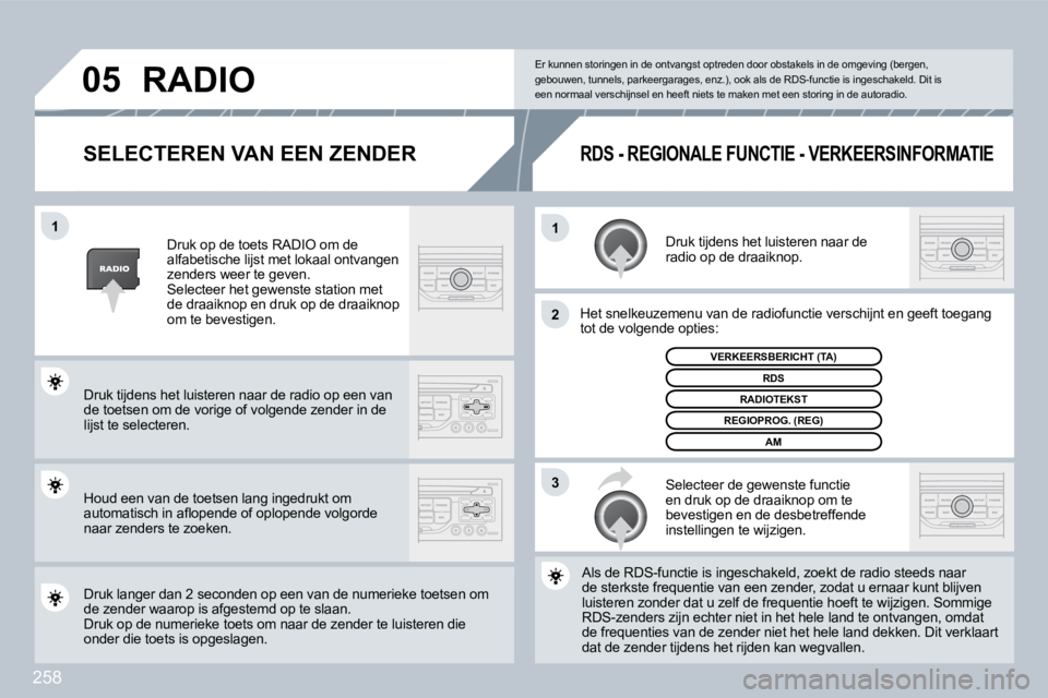PEUGEOT 3008 2009.5.  Instructieboekje (in Dutch) 258
11
2
3
05
  SELECTEREN VAN EEN ZENDER 
 Druk tijdens het luisteren naar de radio op de draaiknop. 
 Het snelkeuzemenu van de radiofunctie verschijnt en ge en geeft toegang tot de volgende opties: 
