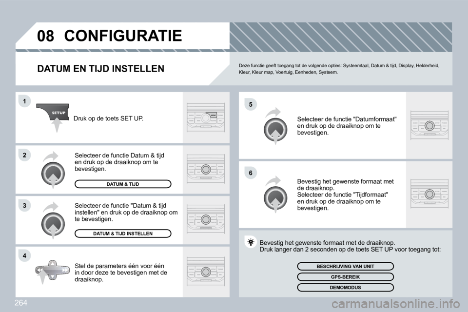 PEUGEOT 3008 2009.5. Instructieboekje (in Dutch) 264
08
5
6
1
2
3
4
CONFIGURATIE
DATUM EN TIJD INSTELLEN Deze functie geeft toegang tot de volgende opties: Systeemtaal, Datum & tijd, Display, Helderheid, Kleur, Kleur map, Voertuig, Ee PEUGEOT 3008 2009.5. Instructieboekje (in Dutch) 264
08
5
6
1
2
3
4
CONFIGURATIE
DATUM EN TIJD INSTELLEN Deze functie geeft toegang tot de volgende opties: Systeemtaal, Datum & tijd, Display, Helderheid, Kleur, Kleur map, Voertuig, Ee