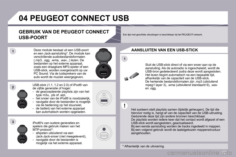 PEUGEOT 3008 2009.5.  Instructieboekje (in Dutch) 281
�1�1
�0�4
�1�1
�2�2
�3�3
� � � � � � � � � �P�E�U�G�E�O�T� �C�O�N�N�E�C�T� �U�S�B� 
  Het systeem stelt playlists samen (tijdelijk geheugen). De tijd die hiervoor nodig is, hangt af van de capacit